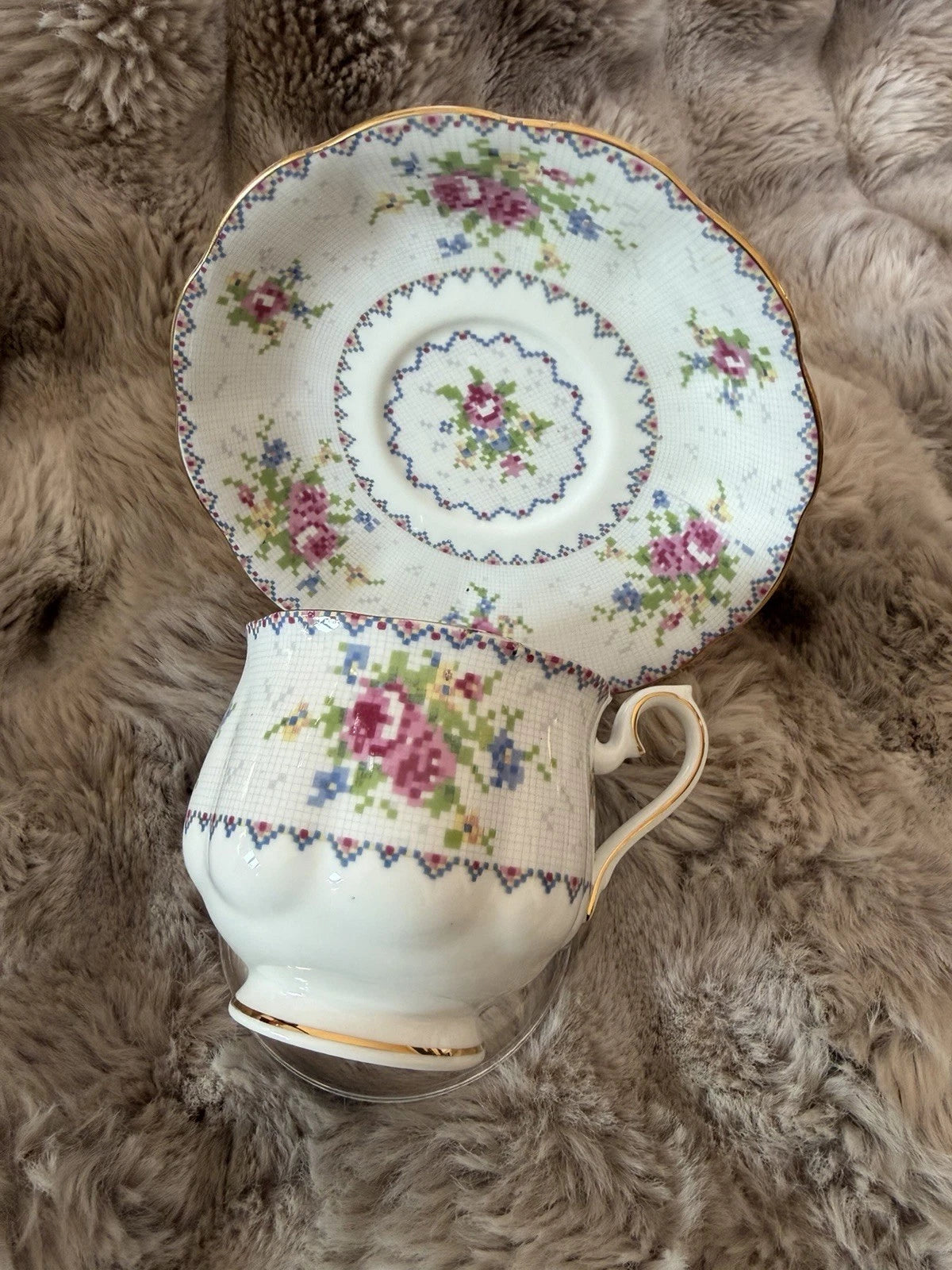 Royal Albert Petit Point Teacup & Saucer Bone China England – Small Chip