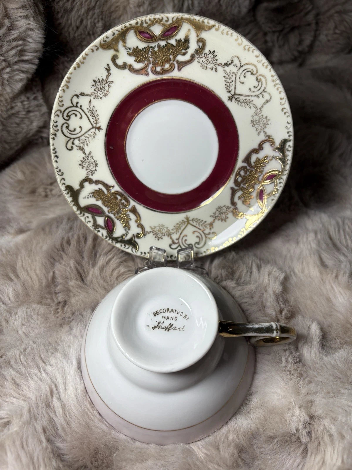 Vintage Shafford Fine China Tea Cup & Saucer – Burgundy Band & Gold Gilt – Japan