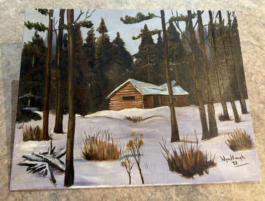Original Oil Painting – Winter Cabin Landscape – Signed Wyn Hough 1973