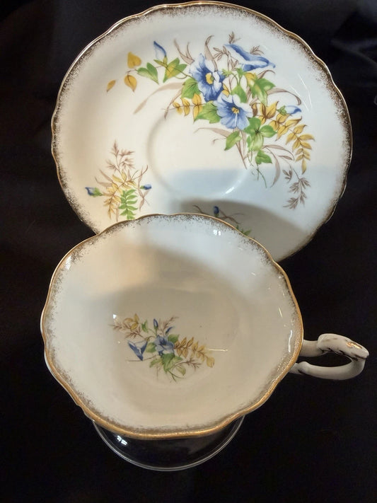 Vintage Paragon Fine Bone China Teacup Saucer Set Blue Floral Gold