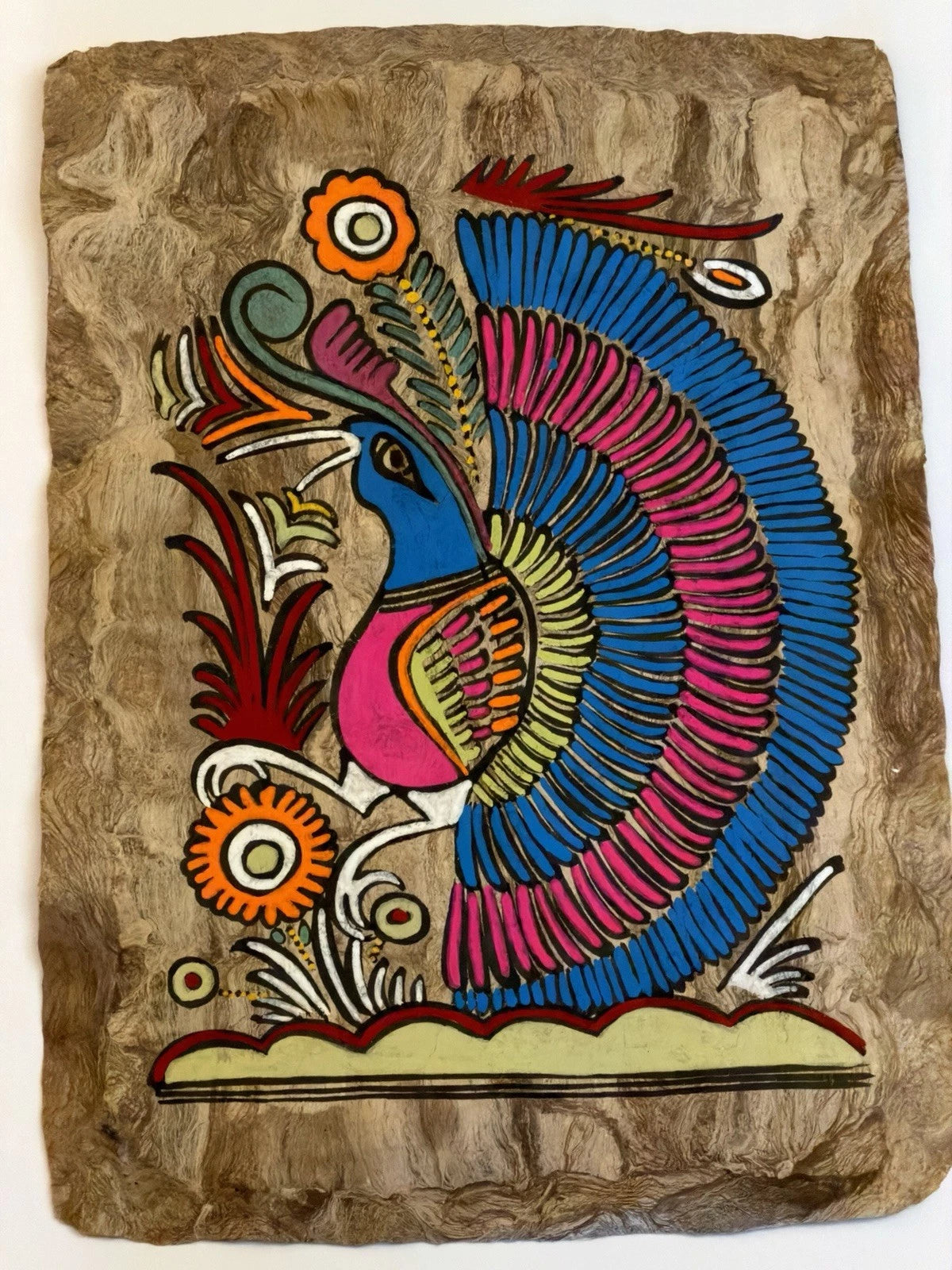 Pair of Vintage Mexican Folk Art Paintings on Tree Bark – Hand-Painted