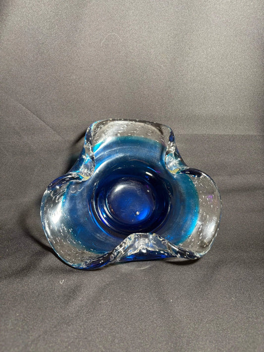 Murano Glass Bullicante Bowl – Hand-Blown Cobalt Blue & Clear Art Glass (Mid-Cen