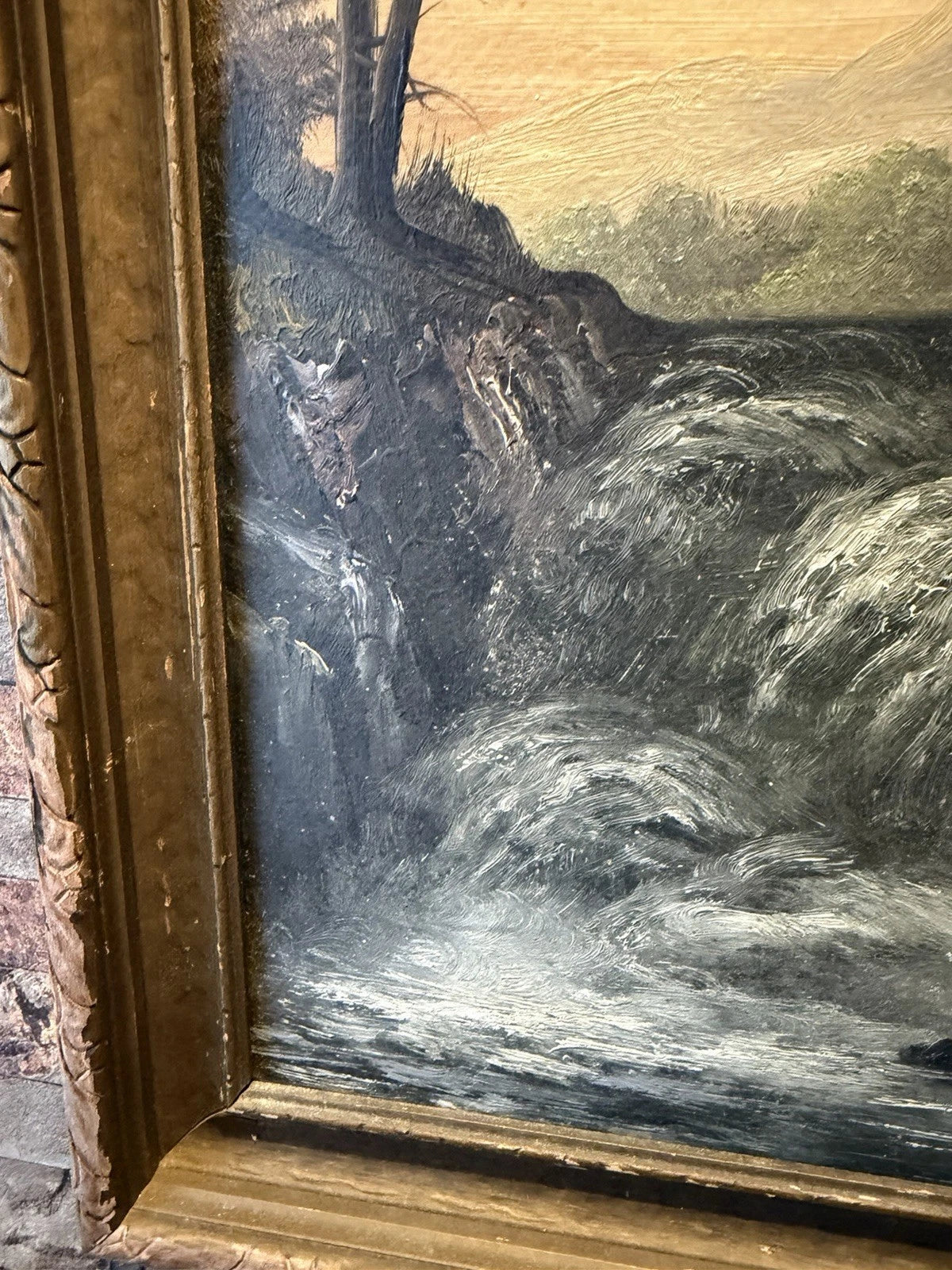 Antique Oil Painting – Dramatic Waterfall Landscape – Ornate Frame