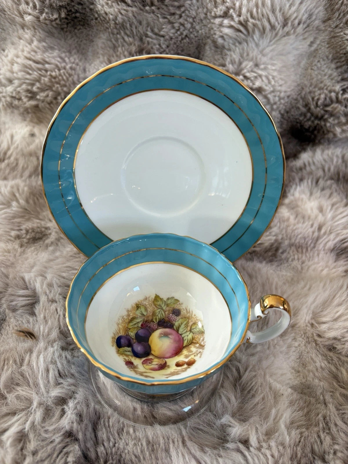Aynsley England Teal Teacup & Saucer | Gold Gilt | Signed Fruit Painting - Pings
