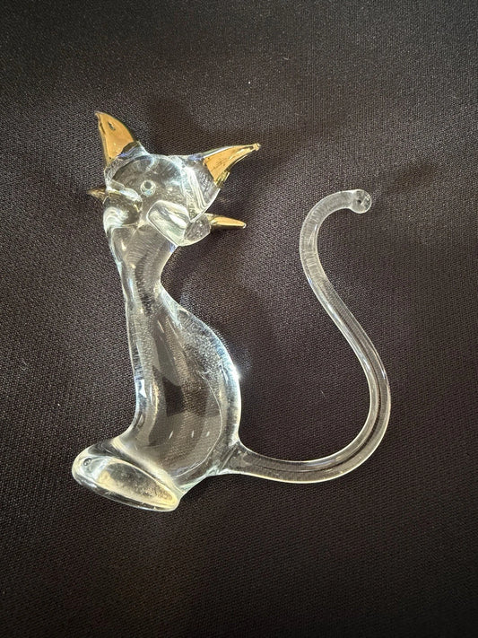Vintage Art Glass Cat Figurine Gold Accents Long Tail Mid Century Style
