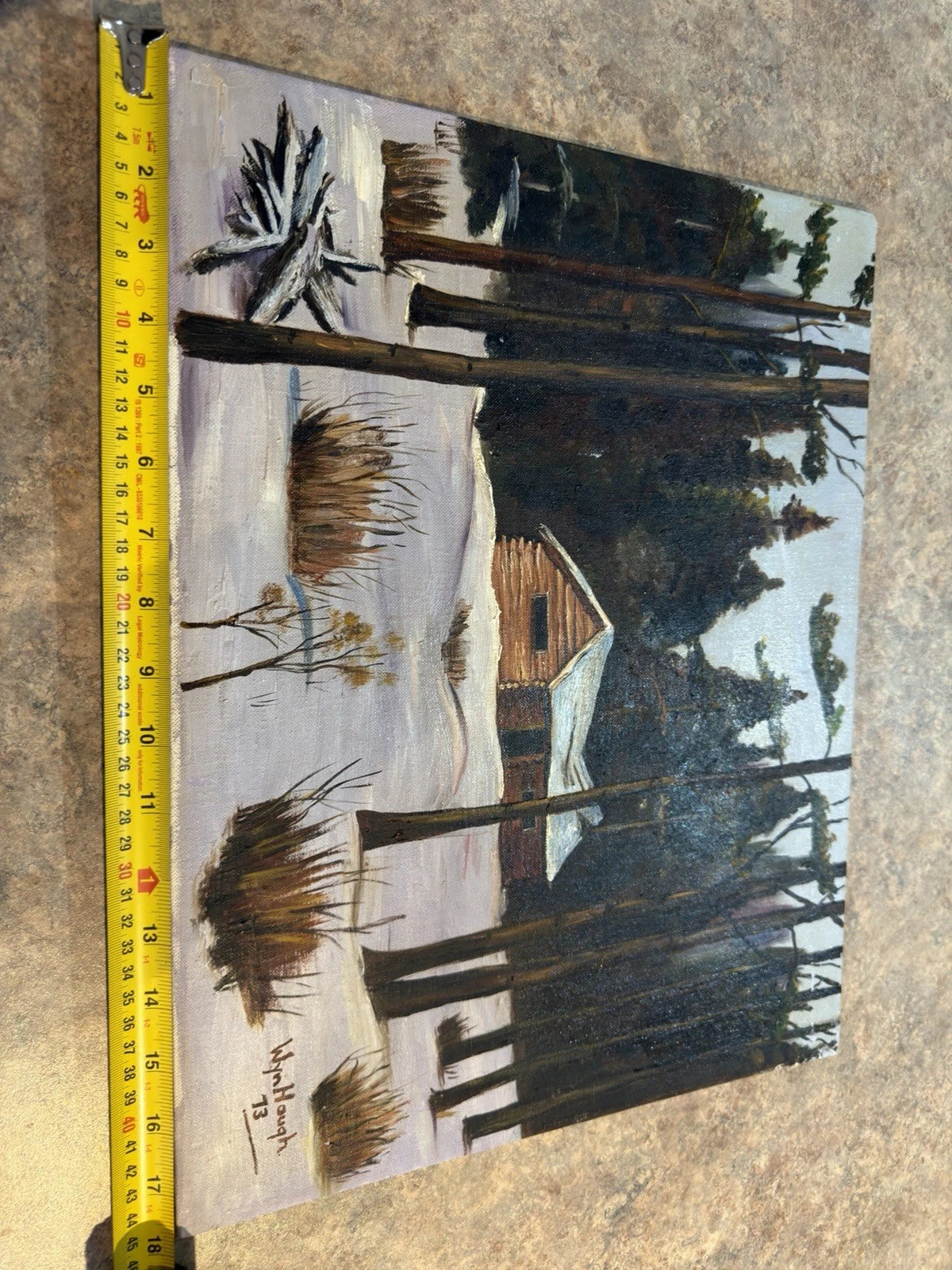 Original Oil Painting – Winter Cabin Landscape – Signed Wyn Hough 1973