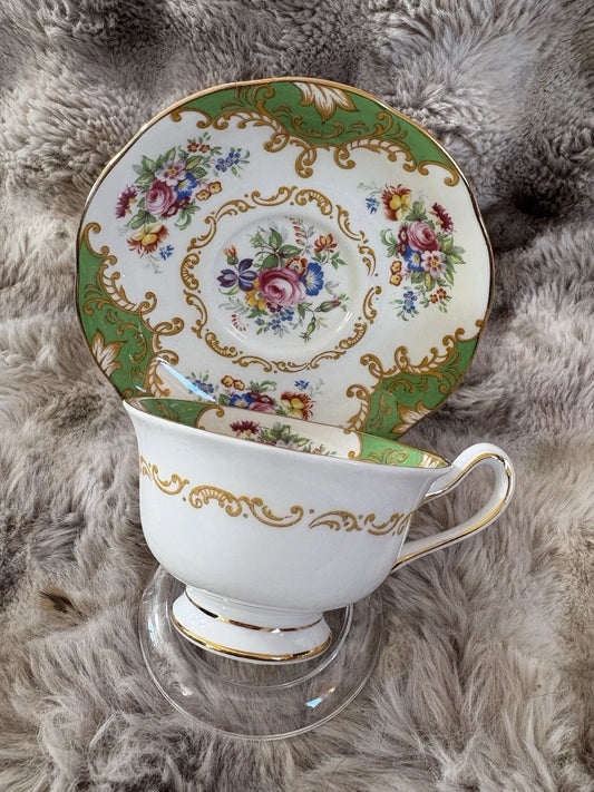 Royal Albert Bone China Teacup & Saucer Albany Green Gold Trim England- Pings