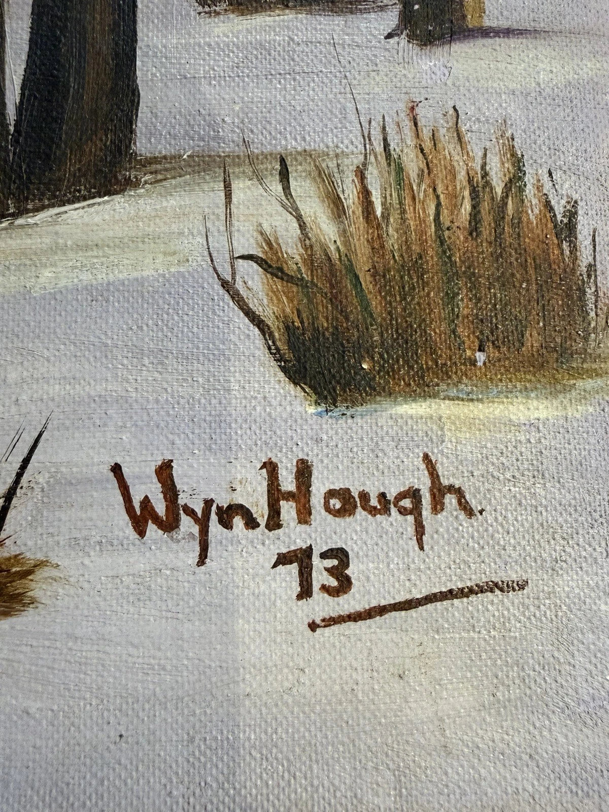 Original Oil Painting – Winter Cabin Landscape – Signed Wyn Hough 1973