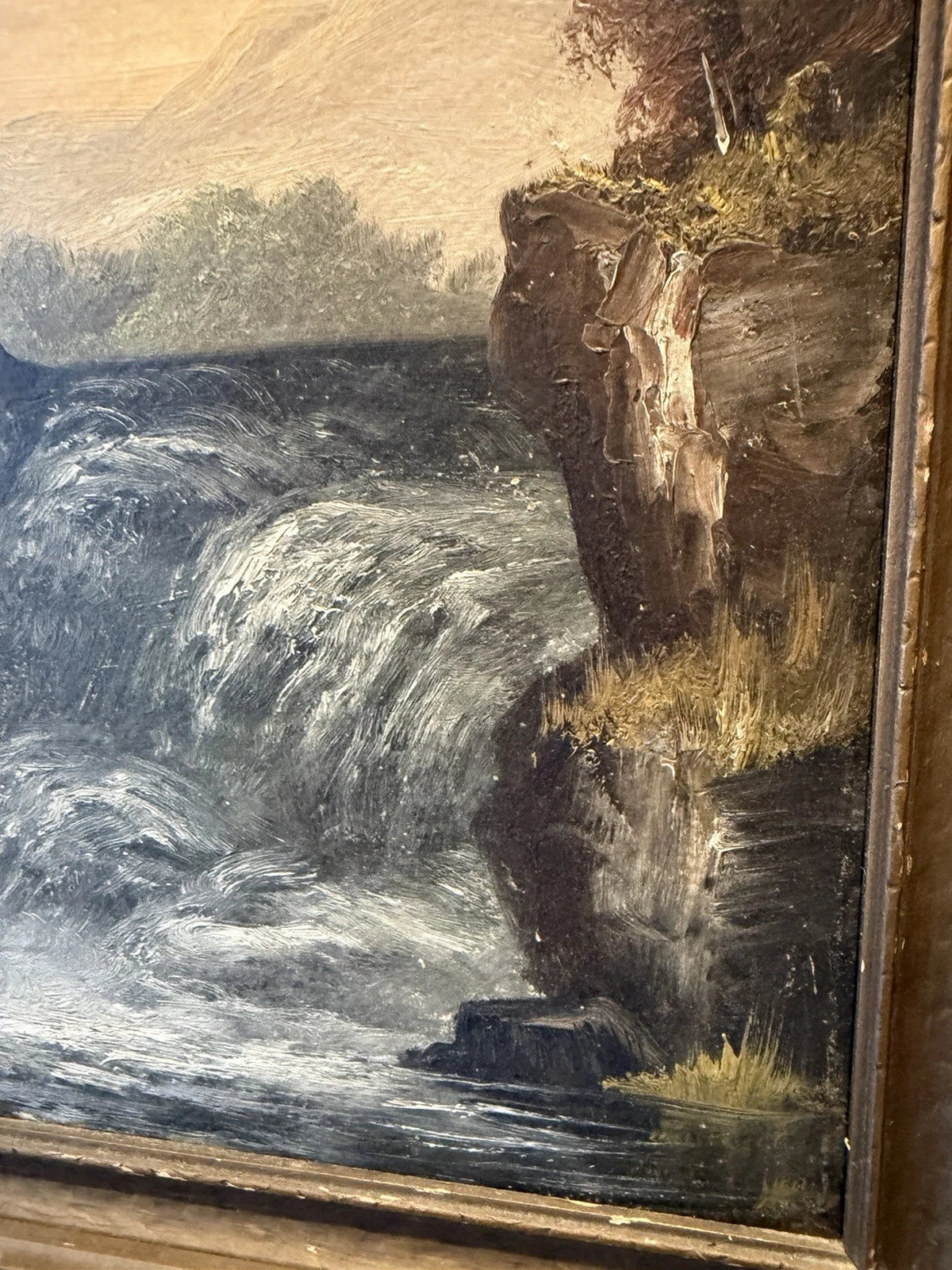 Antique Oil Painting – Dramatic Waterfall Landscape – Ornate Frame