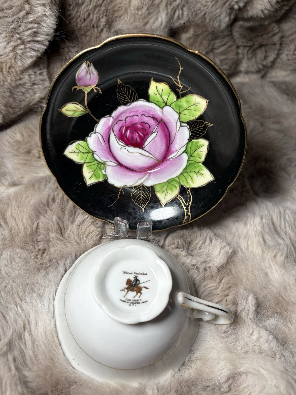 Vintage Tea Cup And Saucer - Cabbage Rose Black Gold - Occupied Japan (1945-52)