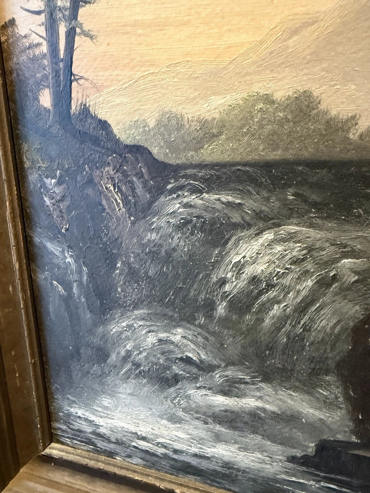 Antique Oil Painting – Dramatic Waterfall Landscape – Ornate Frame