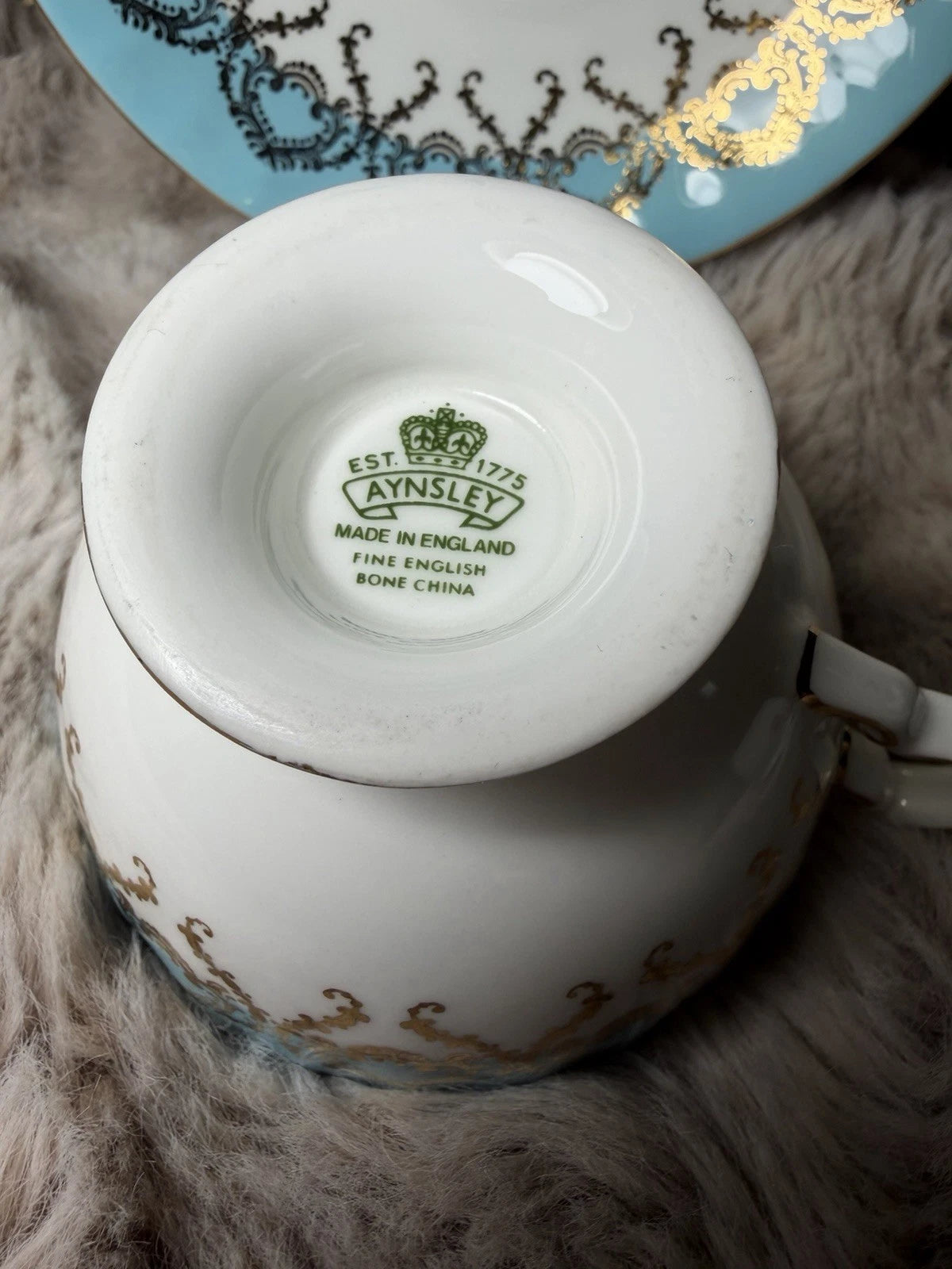Aynsley Oban Cottage Garden Teacup & Saucer Bone China Butterfly Blue