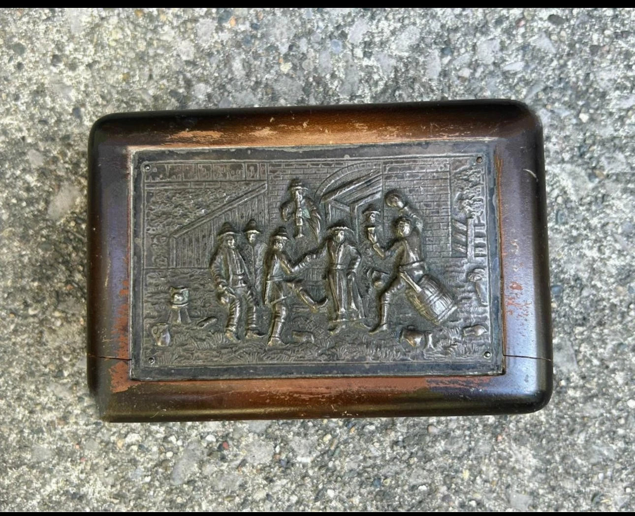 Antique Handcrafted Wooden Box – Engraved Folk Art Panel