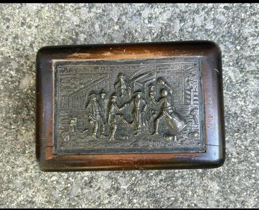 Antique Handcrafted Wooden Box – Engraved Folk Art Panel