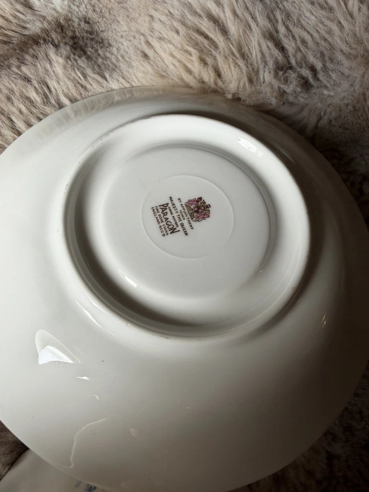 Paragon Tea Cup And Saucer - by appointment to her majesty -Pings - Fine Crack