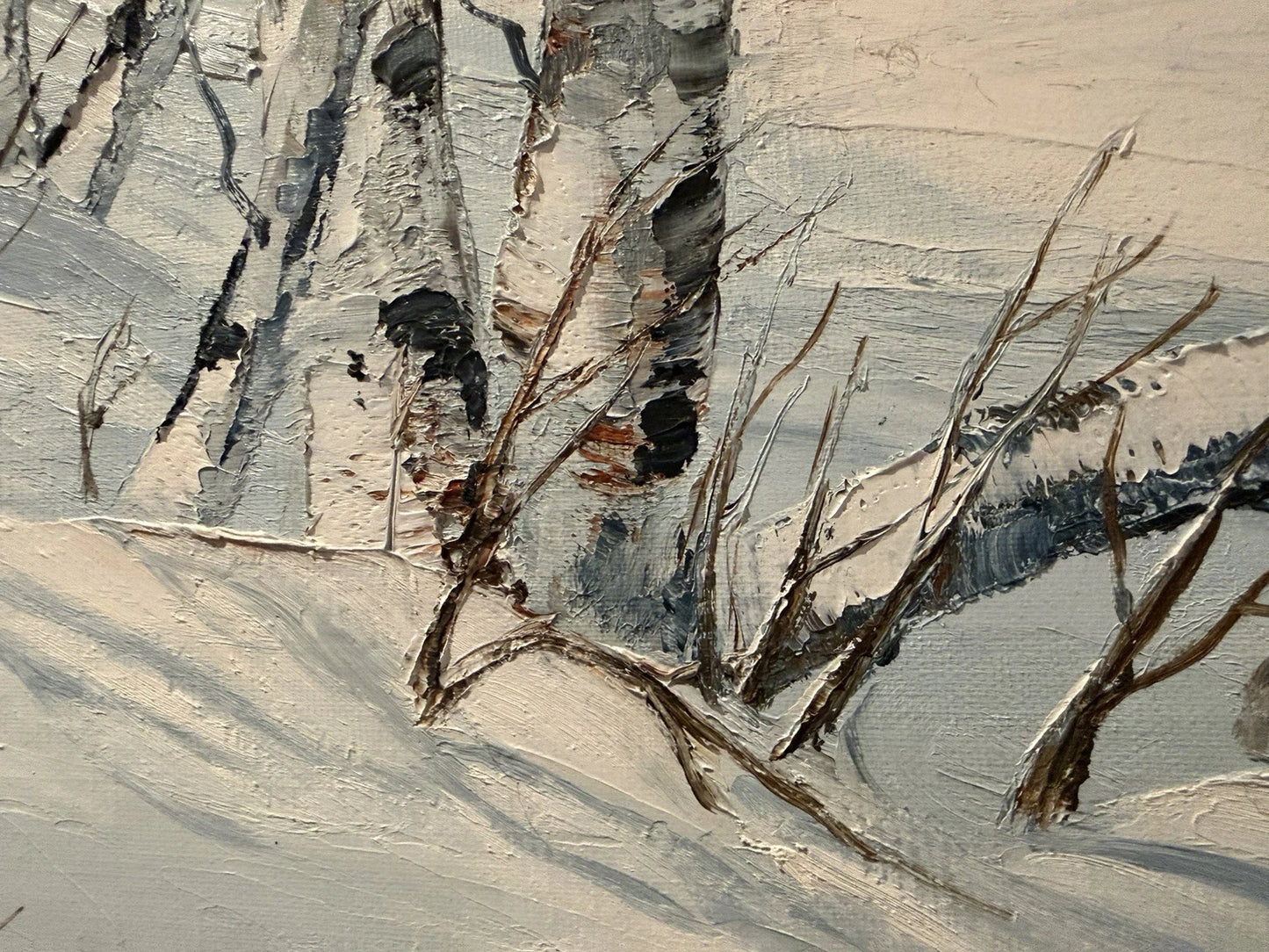 Original Oil Painting Winter Birch Forest Snow Landscape Framed
