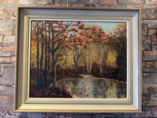 Original Oil Painting – Autumn Woodland Landscape with Pond – Framed