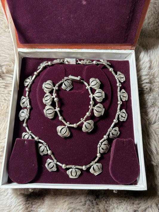 F. Pichardo Taxco Mexico Sterling Silver CROWN LINK Necklace & Bracelet Set 47.1
