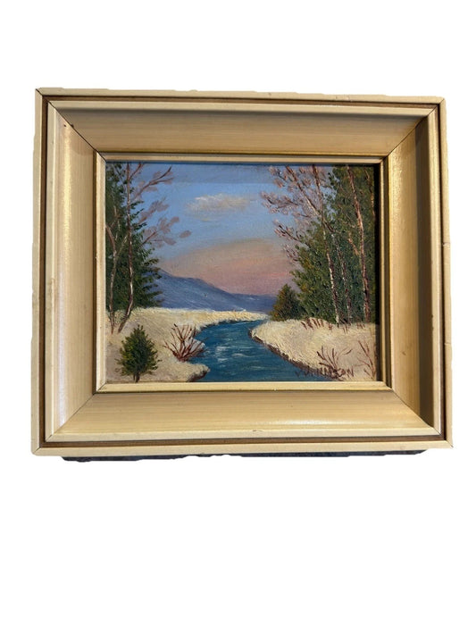 Original Oil Painting – Winter River Landscape – Vintage Framed