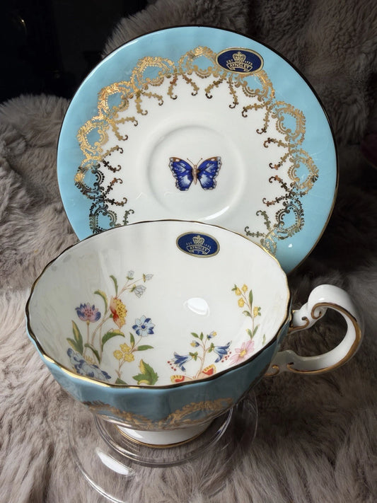 Aynsley Oban Cottage Garden Teacup & Saucer Bone China Butterfly Blue