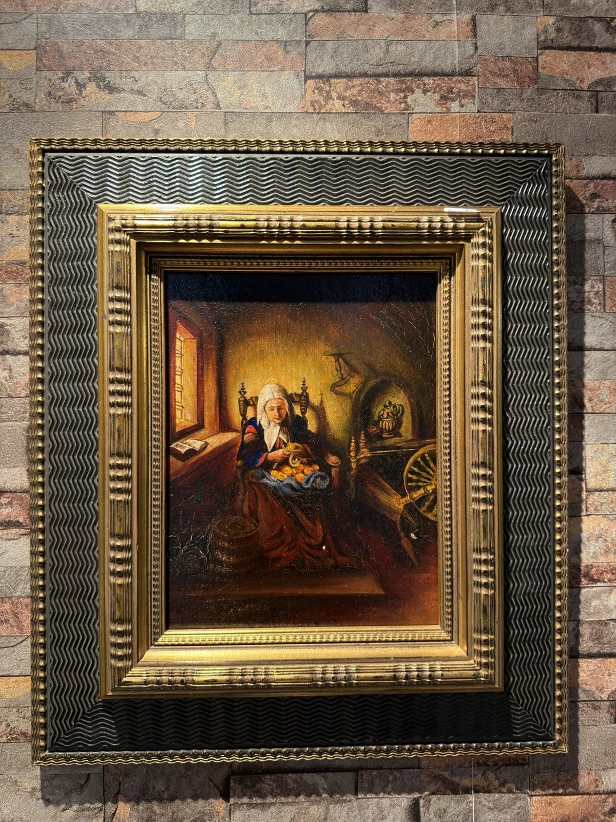 Antique Style Oil Painting Woman Cutting Fruit Interior Scene Ornate Gilt Frame