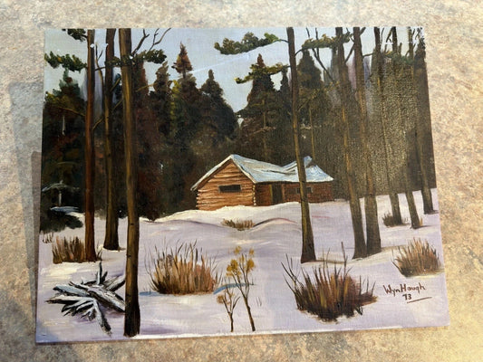 Original Oil Painting – Winter Cabin Landscape – Signed Wyn Hough 1973