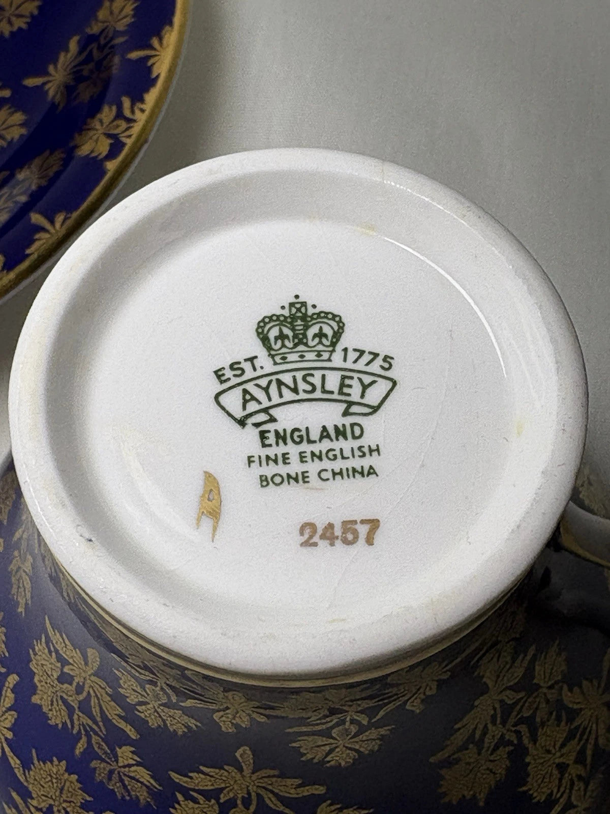 Aynsley England Bone China Cup & Saucer Blue Gold Leaf Cracked Cup- Fine Crack