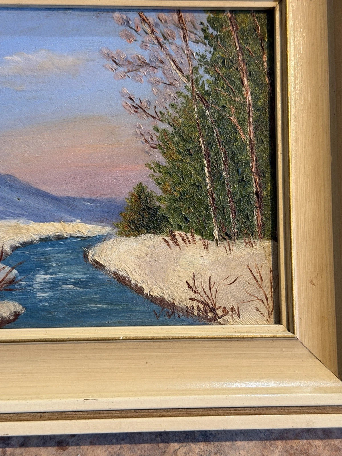 Original Oil Painting – Winter River Landscape – Vintage Framed