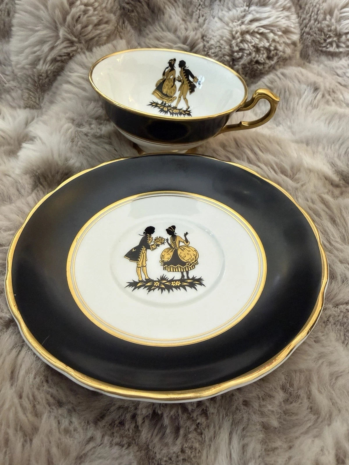 Salisbury Bone China Tea Cup & Saucer | Black & Gold | England | Vintage - Pings