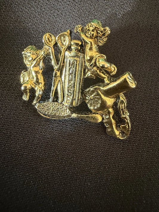 Vintage CAMCO Cherub Brooch Gold Tone Angels Vanity Grooming Perfume