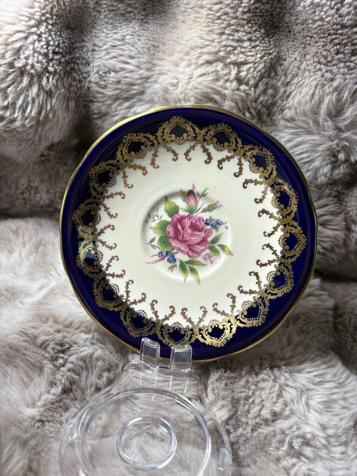 Aynsley England Bone China Saucer Cobalt Blue Gold Gilt Pink Rose Floral Vintage