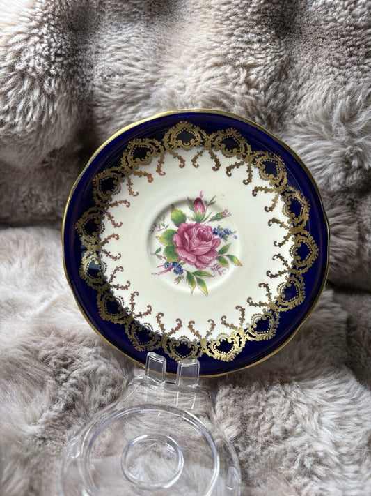 Aynsley England Bone China Saucer Cobalt Blue Gold Gilt Pink Rose Floral Vintage