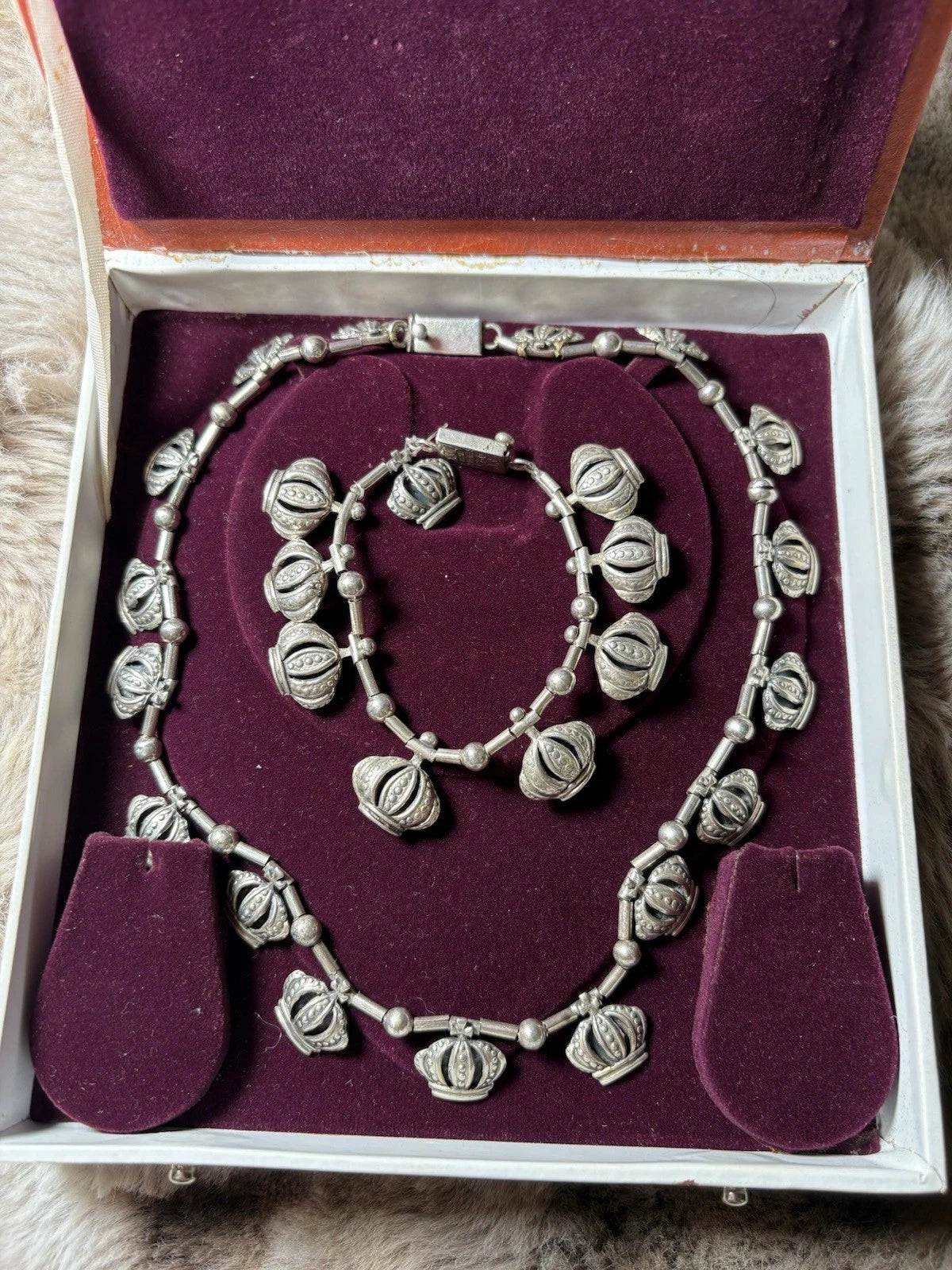 F. Pichardo Taxco Mexico Sterling Silver CROWN LINK Necklace & Bracelet Set 47.1