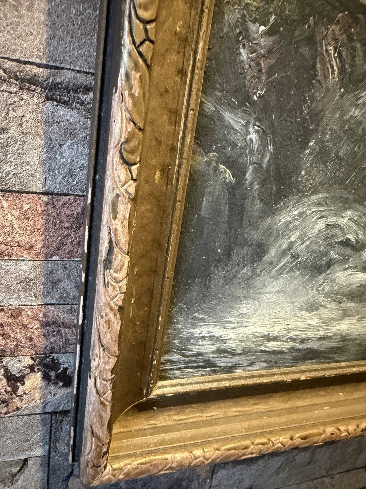 Antique Oil Painting – Dramatic Waterfall Landscape – Ornate Frame