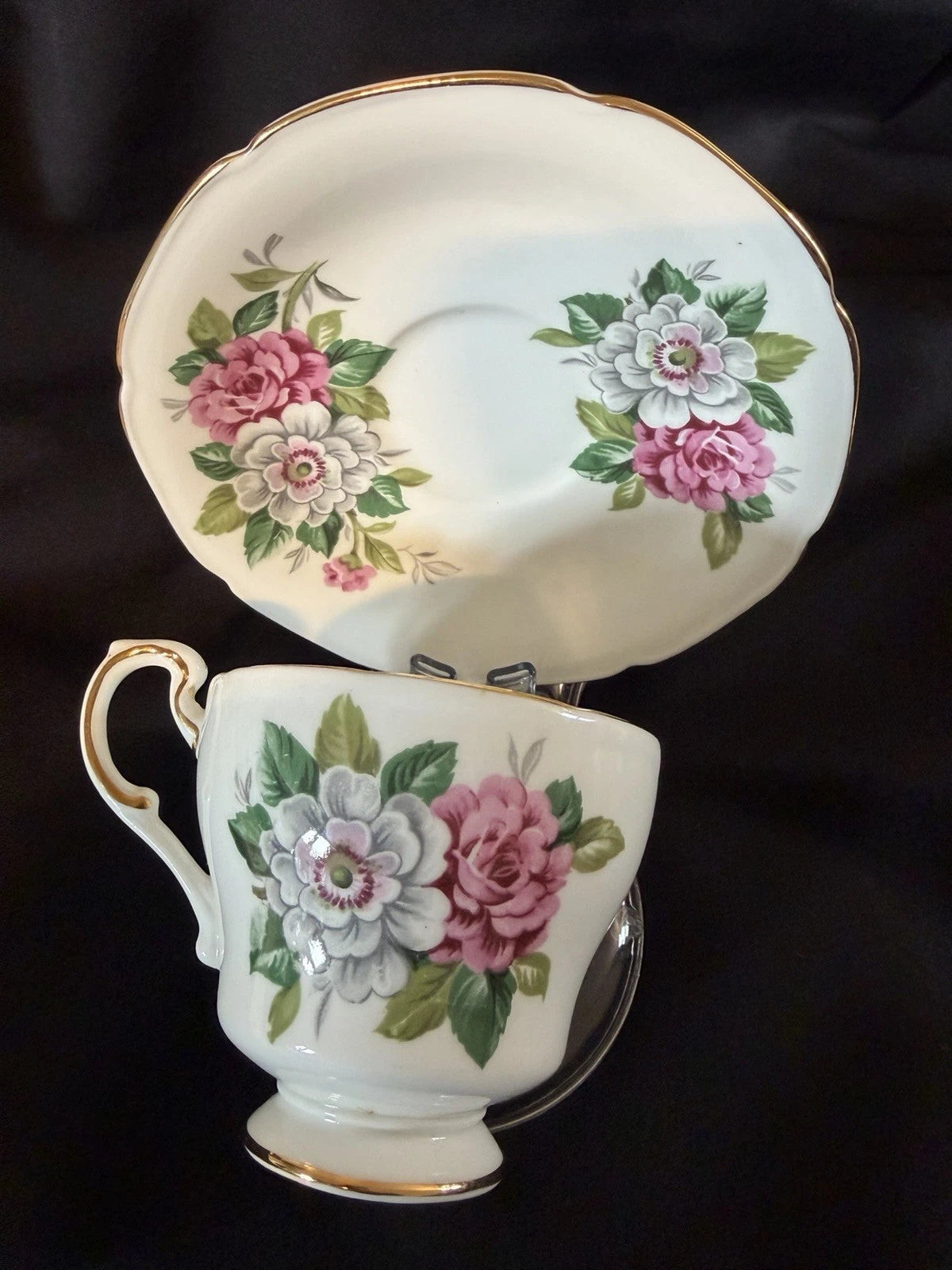Paragon Fine Bone China Teacup & Saucer Floral Pink Grey Roses