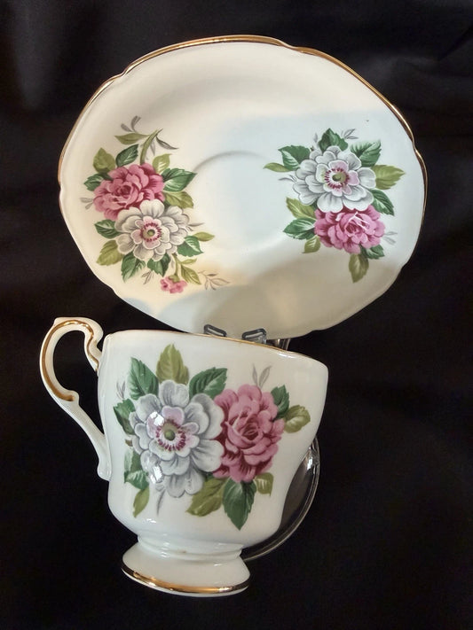 Paragon Fine Bone China Teacup & Saucer Floral Pink Grey Roses