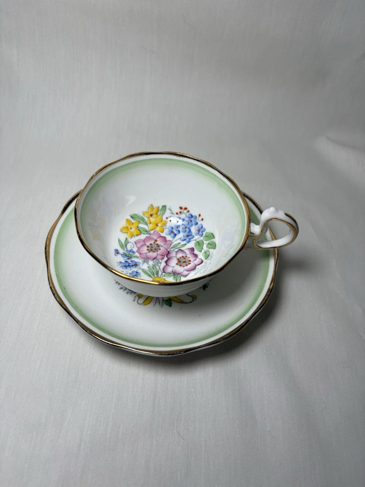 Royal Albert Bone China Teacup & Saucer England Floral Green Band Vintage- Pings