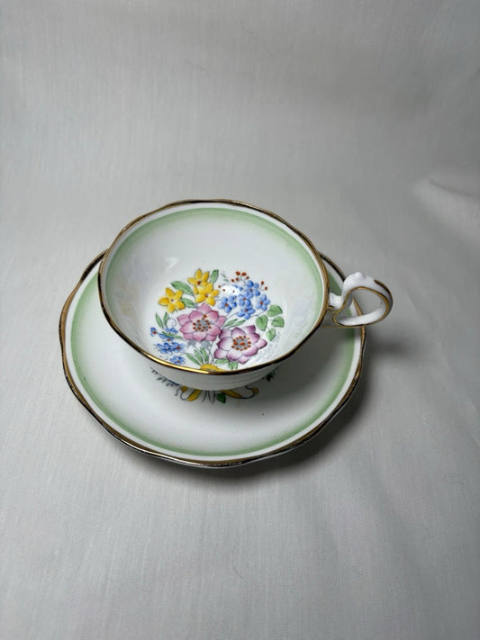 Royal Albert Bone China Teacup & Saucer England Floral Green Band Vintage- Pings