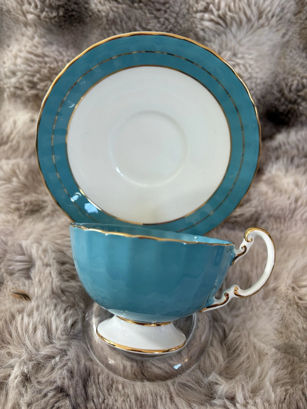 Aynsley England Teal Teacup & Saucer | Gold Gilt | Signed Fruit Painting - Pings