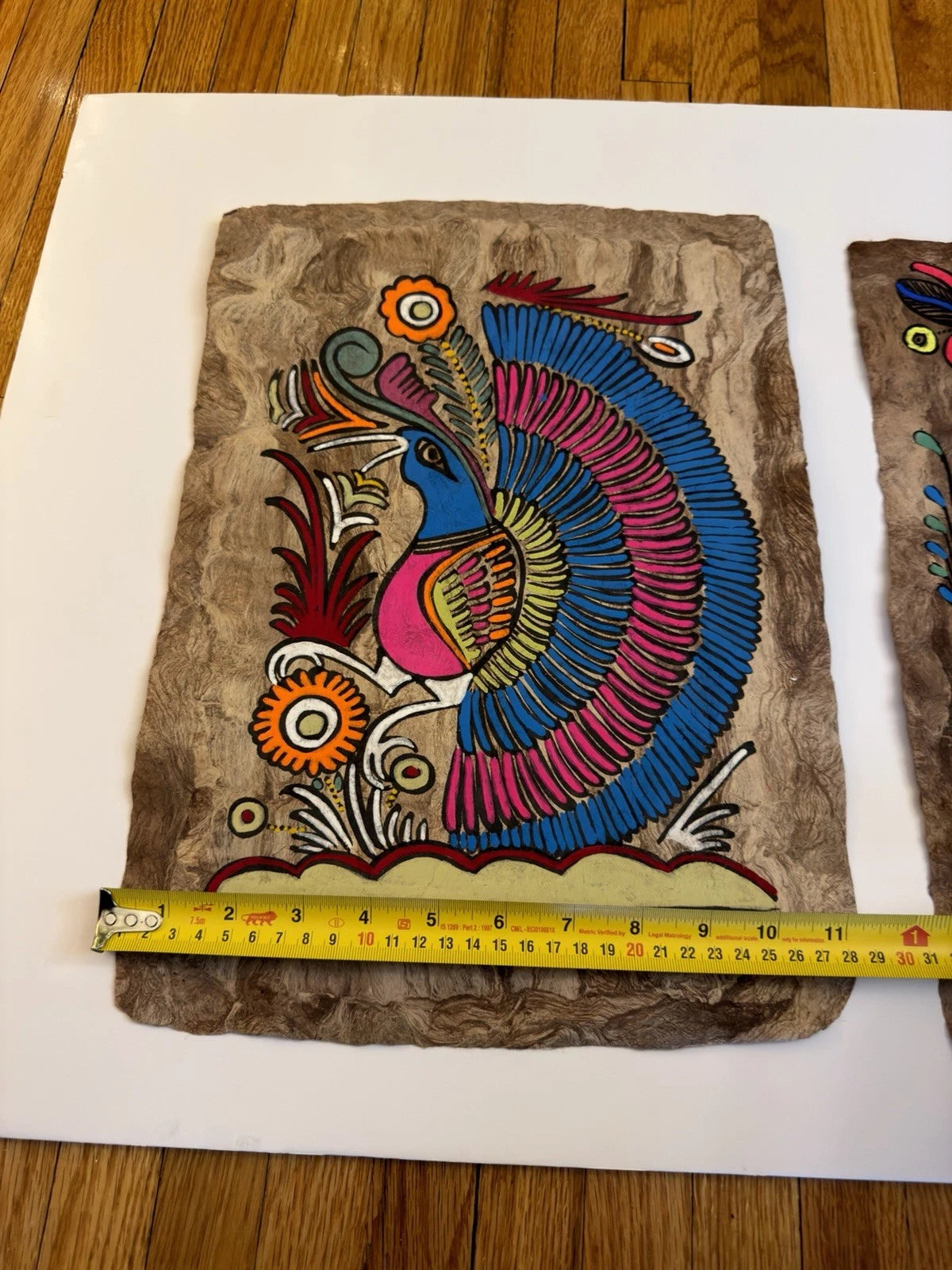 Pair of Vintage Mexican Folk Art Paintings on Tree Bark – Hand-Painted