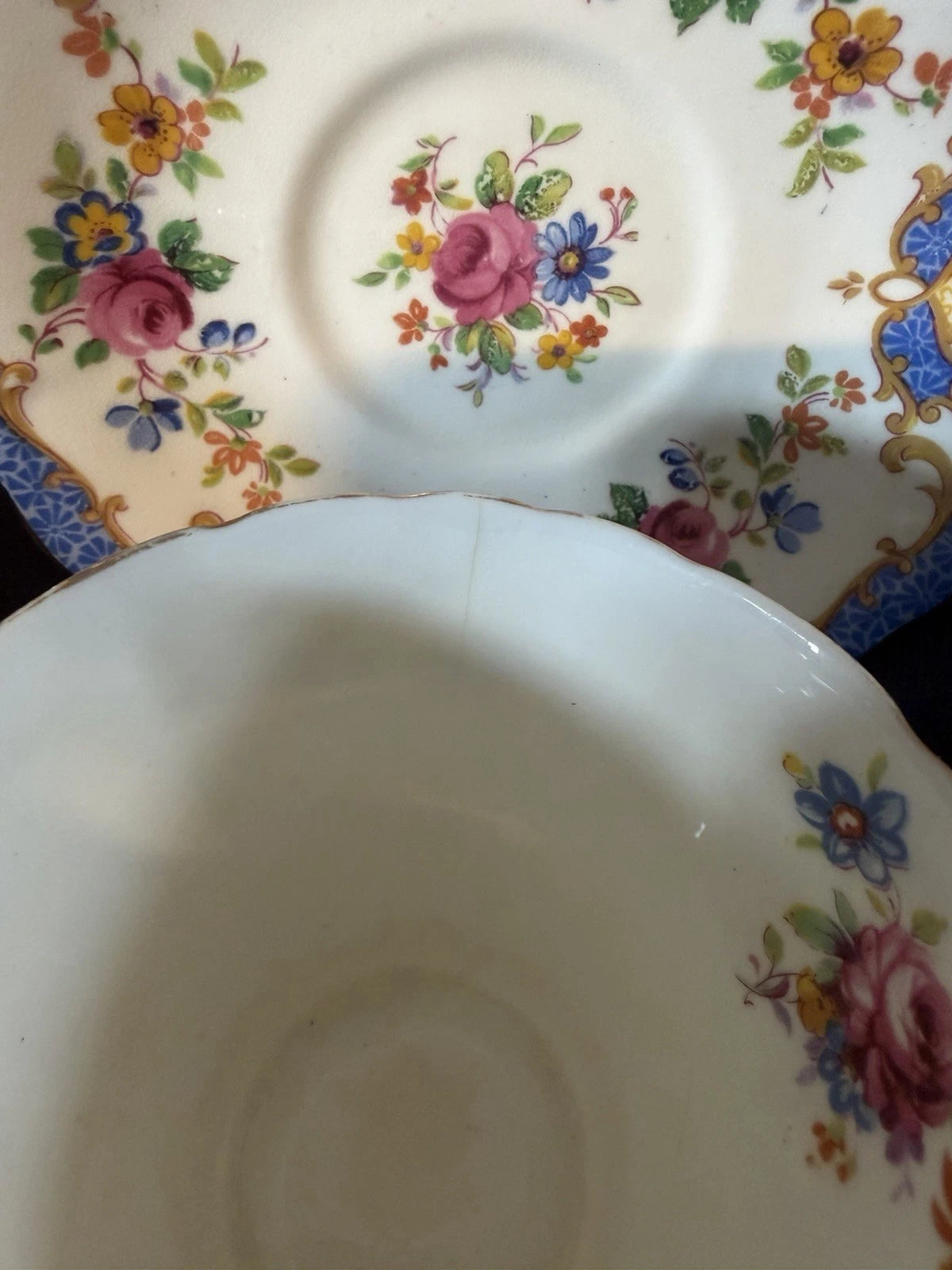Paragon Fine Bone China Teacup & Saucer Blue Floral Gold READ Crack/Crazing