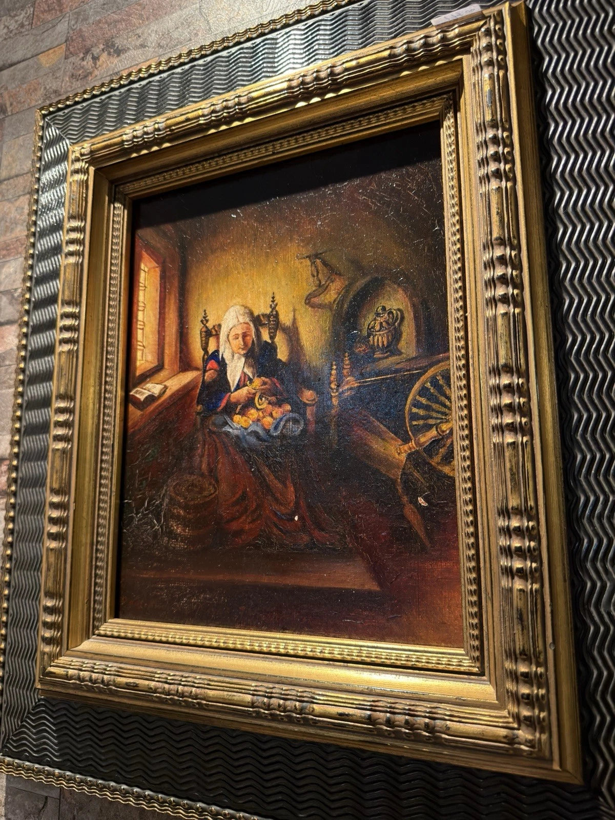 Antique Style Oil Painting Woman Cutting Fruit Interior Scene Ornate Gilt Frame