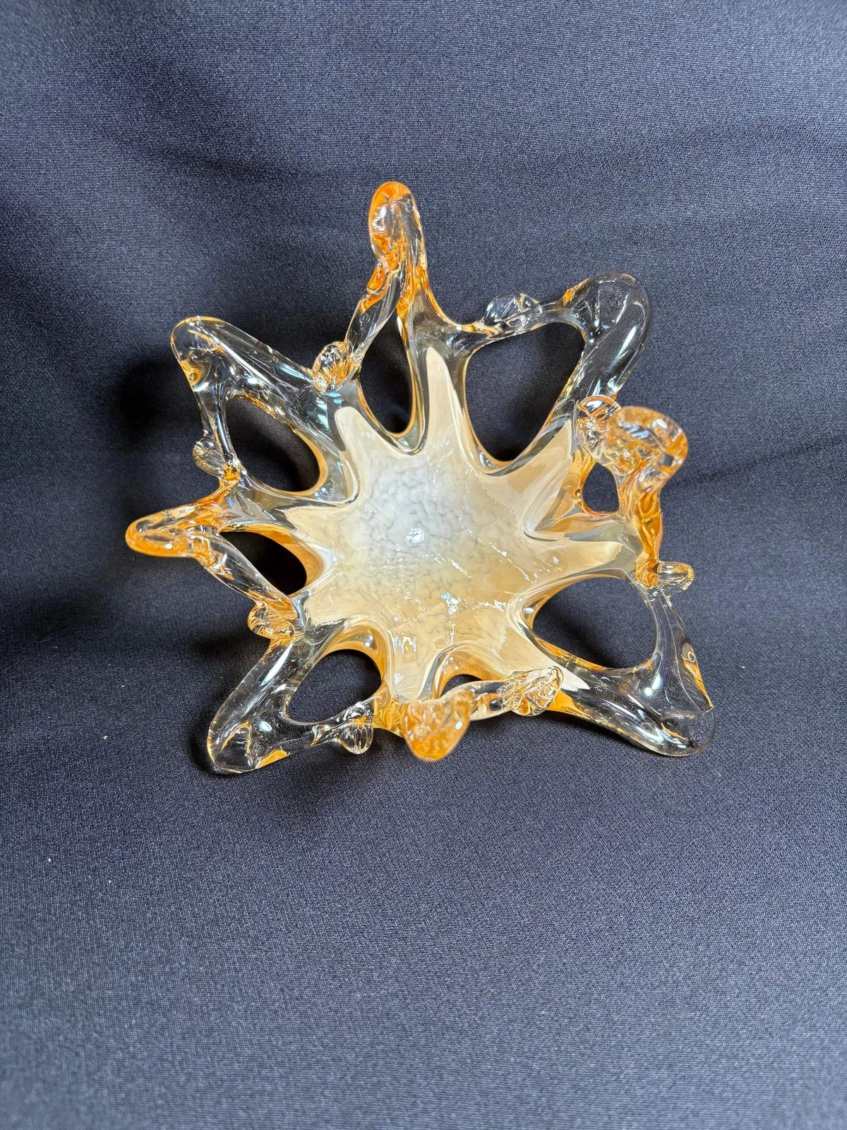 Murano Glass Centerpiece Bowl – Amber and Clear Sculptural Art Glass