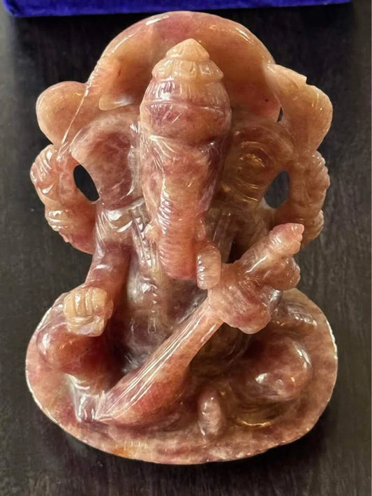 Natural Strawberry Agate Ganesha Statue with Veena – Hand-Carved