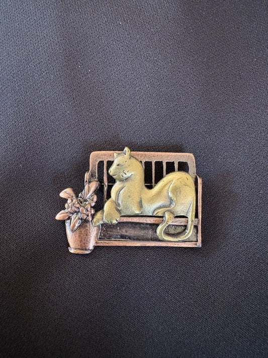 Vintage Coro Cat Brooch Pin Figural Cat on Fence Flower Pot Gold Tone Signed