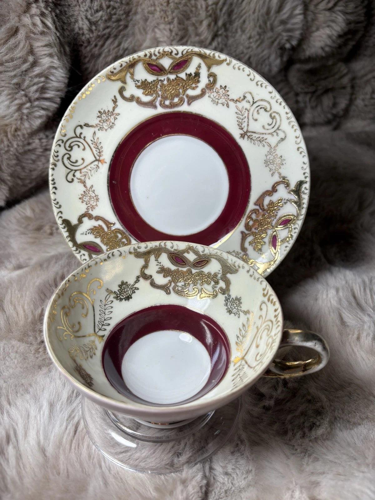 Vintage Shafford Fine China Tea Cup & Saucer – Burgundy Band & Gold Gilt – Japan