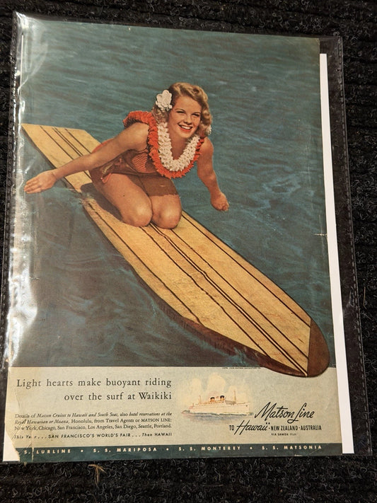 Vintage Matson Line Hawaii Travel Advertisement – Waikiki Surf Pin-Up